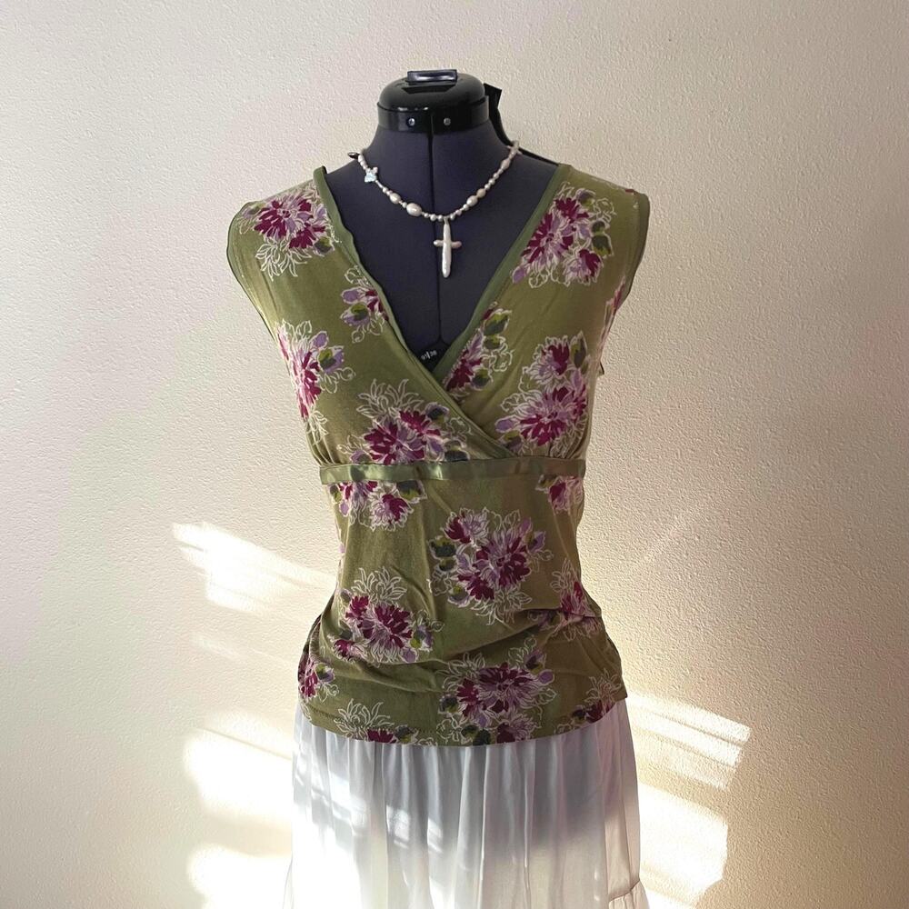 Y2K vintage 2000s green purple floral tank top whimsy fairy romantic | size L